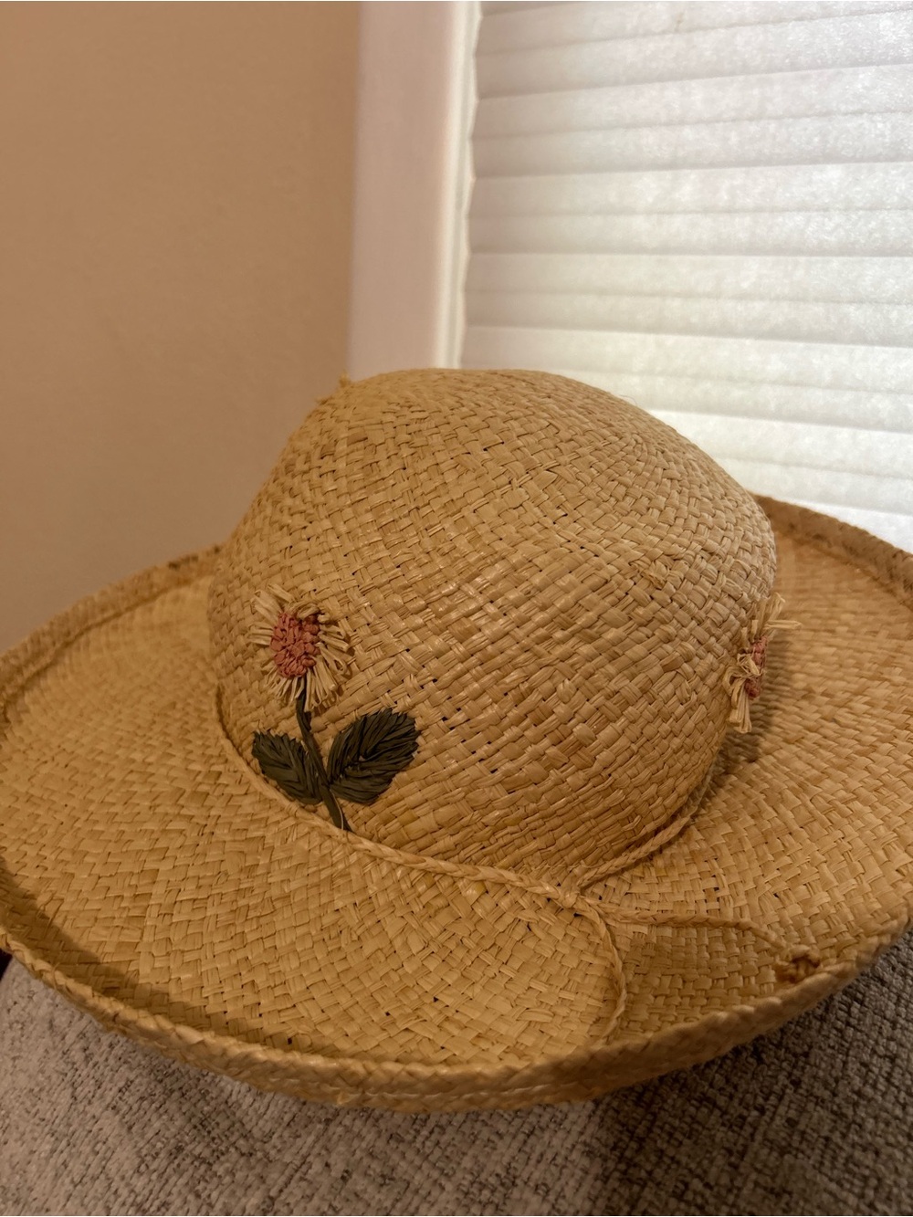 Scala Straw Sun Hat with Embroidered Flowers Beige
